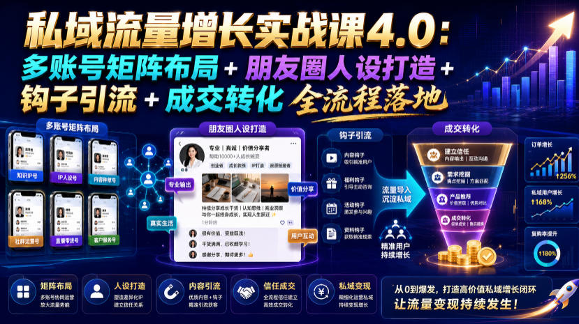 私域流量增长实战课4.0：多账号矩阵布局+朋友圈人设打造+钩子引流+成交转化全流程落地-我爱项目网