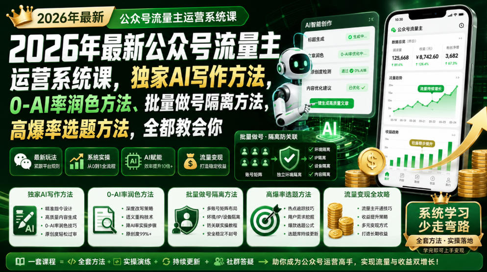 2026年最新公众号流量主运营系统课，独家AI写作方法，0-AI率润色方法、批量做号隔离方法、高爆率选题方法，全都教会你-我爱项目网