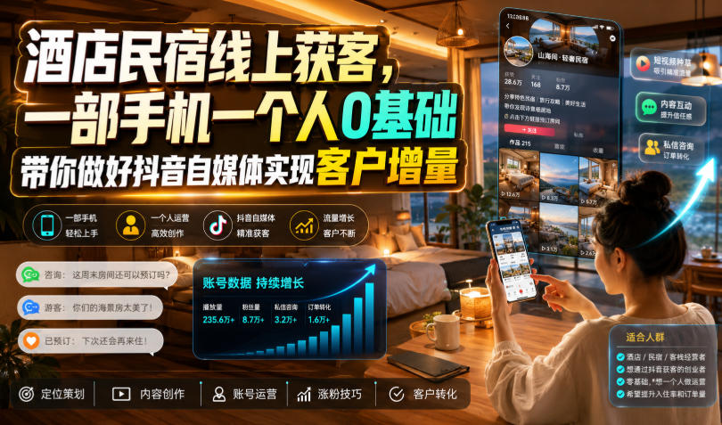 酒店民宿线上获客，一部手机一个人0基础带你做好抖音自媒体实现客户增量-我爱项目网