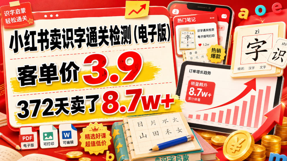 小红书卖识字通关检测（电子版），客单价3.9，372天卖了8.7w+-我爱项目网