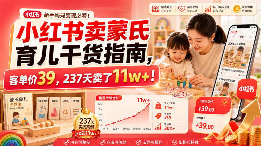小红书卖蒙氏育儿干货指南，客单价39，237天卖了11w+！-我爱项目网