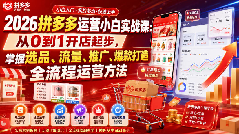 2026拼多多运营小白实战课：从0到1开店起步，掌握选品、流量、推广、爆款打造全流程运营方法-我爱项目网