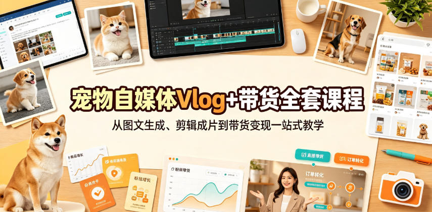 宠物自媒体Vlog+带货全套课程｜从图文生成、剪辑成片到带货变现一站式教学-我爱项目网