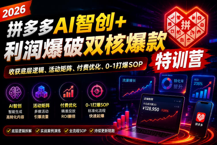 2026拼多多AI智创+利润爆破双核爆款特训营，收获底层逻辑、活动矩阵、付费优化、0-1打爆SOP-我爱项目网