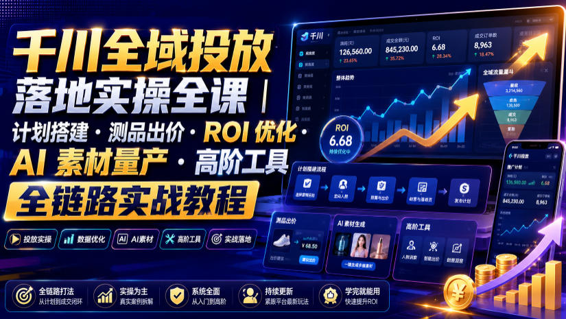 千川全域投放落地实操全课｜计划搭建・测品出价・ROI优化・AI素材量产・高阶工具全链路实战教程-我爱项目网