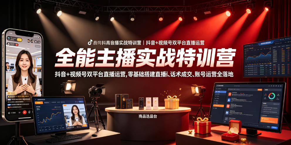 全能主播实战特训营｜抖音+视频号双平台直播运营，零基础搭建直播间、精准选品、话术成交、账号运营全落地-我爱项目网