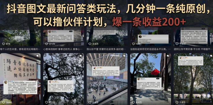 抖音图文最新问答类玩法，几分钟一条纯原创，可以撸伙伴计划，爆一条收益200+-我爱项目网