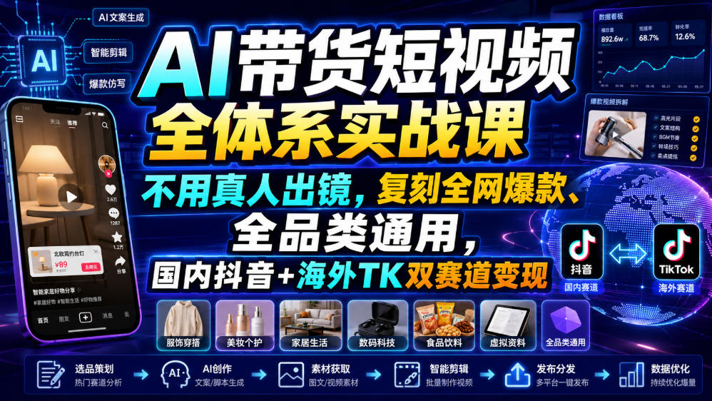 AI带货短视频全体系实战课，不用真人出镜，复刻全网爆款、全品类通用，国内抖音+海外TK双赛道变现-我爱项目网