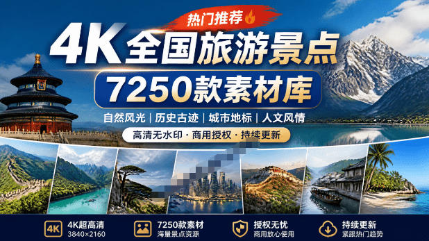 热门全国旅游风景素材！4K全国旅游景点素材库，7250款素材，旅行达人城市航拍风景风光高清短视频-我爱项目网