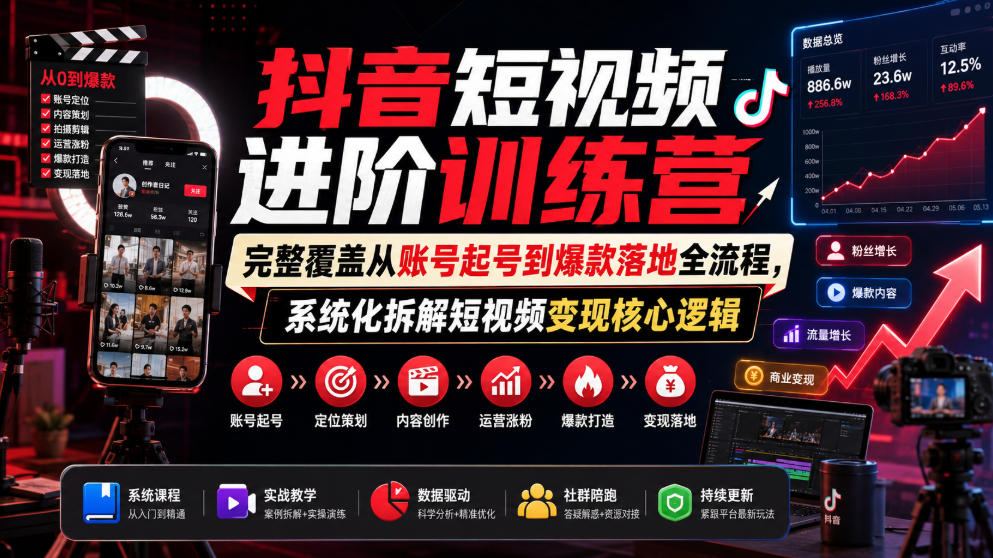 抖音短视频进阶训练营，完整覆盖从账号起号到爆款落地全流程，系统化拆解短视频变现核心逻辑-我爱项目网