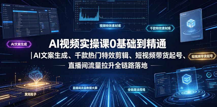 AI视频实操课0基础到精通｜AI文案生成、千款热门特效剪辑、短视频带货起号、直播间流量拉升全链路落地-我爱项目网