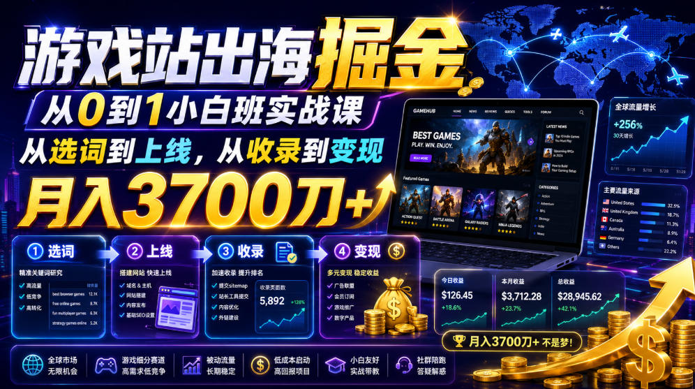 游戏站出海掘金从0到1小白实战课，从选词到上线，从收录到变现，月入3700刀+-我爱项目网