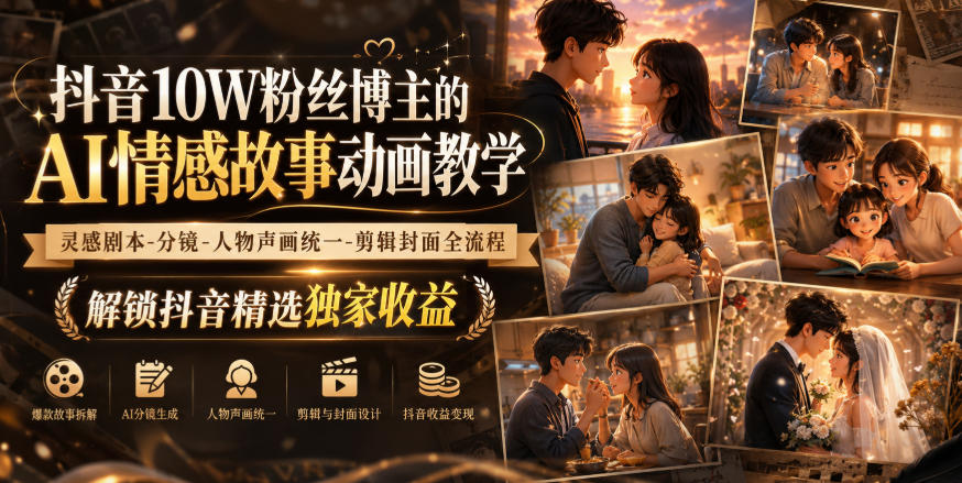 抖音10W粉丝博主的AI情感故事动画教学，灵感剧本‑分镜‑人物声画统一‑剪辑封面全流程，解锁抖音精选独家收益-我爱项目网