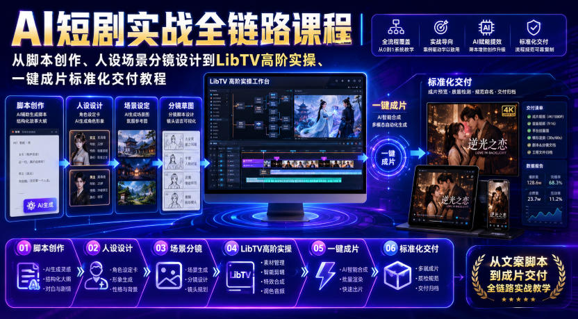 AI短剧实战全链路课程｜从脚本创作、人设场景分镜设计到LibTV高阶实操、一键成片标准化交付教程-我爱项目网