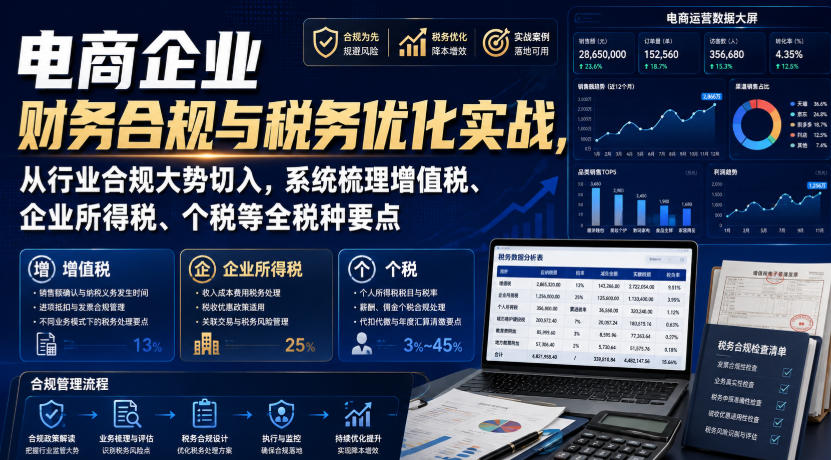 电商企业财务合规与税务优化实战，从行业合规大势切入，系统梳理增值税、企业所得税、个税等全税种要点-我爱项目网