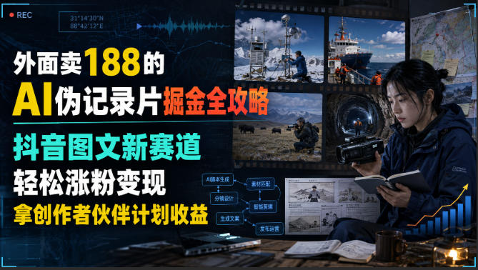 外面卖188的AI伪记录片掘金全攻略，抖音图文新赛道，轻松涨粉变现，拿创作者伙伴计划收益【文档】-我爱项目网
