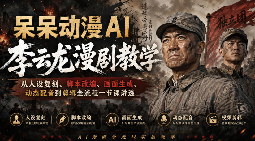 呆呆动漫AI李云龙漫剧教学，从人设复刻、脚本改编、画面生成、动态配音到剪辑全流程一节课讲透-我爱项目网