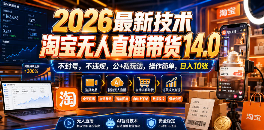 2026最新技术，淘宝无人直播带货14.0，不封号，不违规，公+私玩法，操作简单，日入10张【揭秘】-我爱项目网