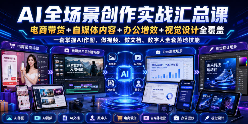 AI全场景创作实战汇总课｜电商带货+自媒体内容+办公增效+视觉设计全覆盖，一套掌握AI作图、做视频、做文档、数字人全套落地技能-我爱项目网