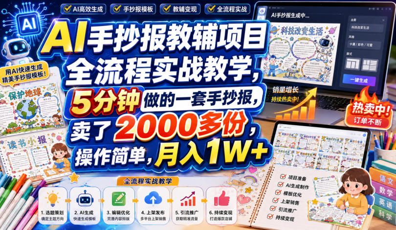 AI手抄报教辅项目全流程实战教学,5分钟做的一套手抄报,卖了2000多份,操作简单,月入1W+-我爱项目网