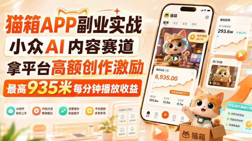 猫箱APP副业实战，小众AI内容赛道，拿平台高额创作激励，最高935米每分钟播放收益-我爱项目网