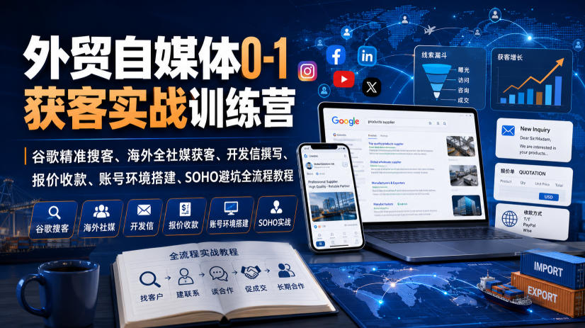 外贸自媒体0-1获客实战训练营｜谷歌精准搜客、海外全社媒获客、开发信撰写、报价收款、账号环境搭建、SOHO避坑全流程教程-我爱项目网