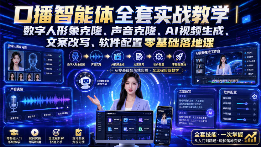 口播智能体全套实战教学｜数字人形象克隆、声音克隆、AI视频生成、文案改写、软件配置零基础落地课-我爱项目网
