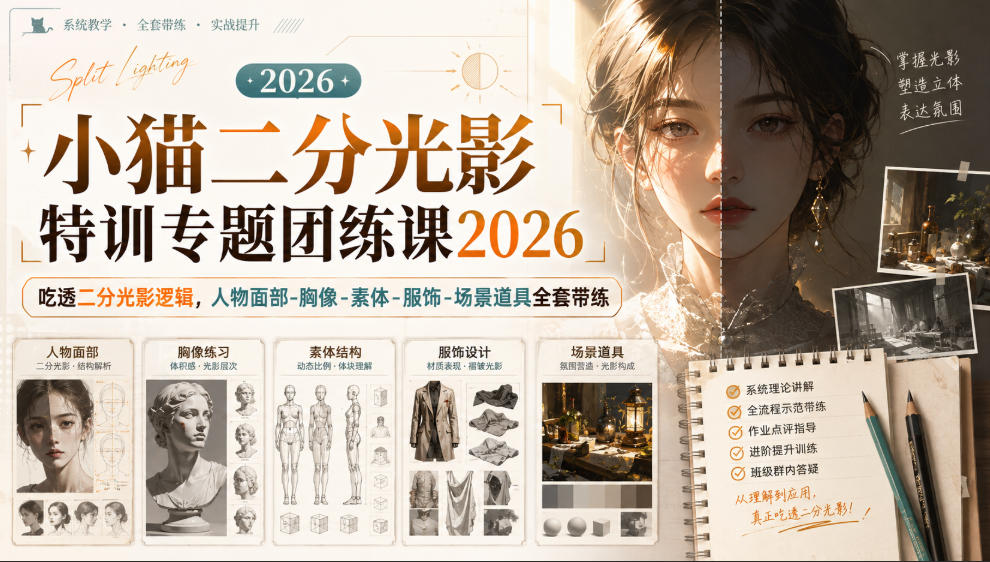 小猫二分光影特训专题团练课2026｜吃透二分光影逻辑，人物面部‑胸像‑素体‑服饰‑场景道具全套带练，高清画质附赠课件与笔刷-我爱项目网