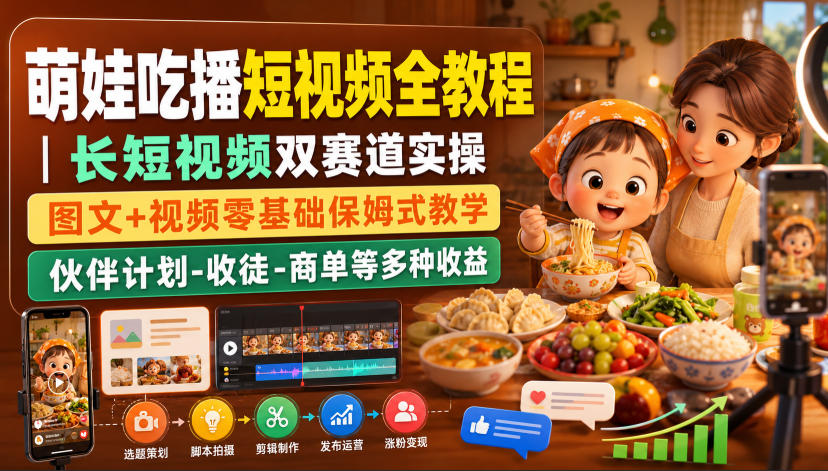 萌娃吃播短视频全教程｜长短视频双赛道实操，图文+视频零基础保姆式教学，伙伴计划-收徒-商单等多种变现方式-我爱项目网