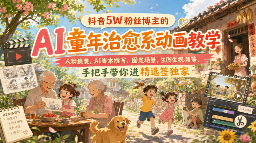 抖音5W粉丝博主的AI童年治愈系动画教学，人物换装、AI脚本撰写、固定场景、生图生视频等，手把手带你进精选签独家-我爱项目网