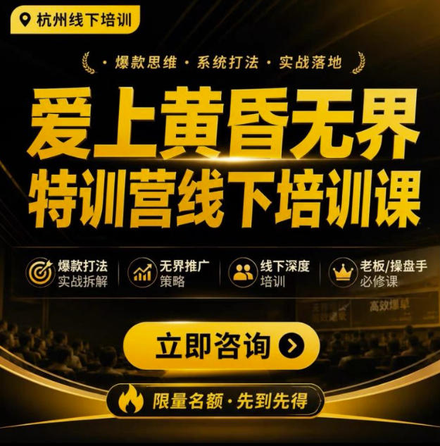 爱上黄昏无界特训营AI推广实战7月27-30杭州线下课,AI落地淘宝最完整的课程,学天猫淘宝的老板必看-我爱项目网