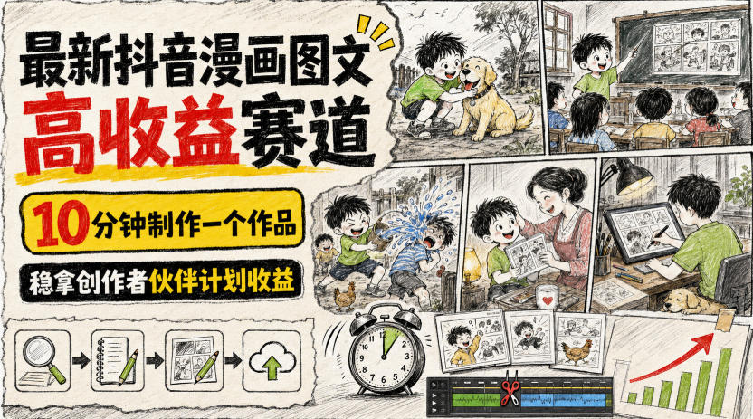 最新抖音漫画图文高收益赛道,10分钟制作一个作品,稳拿创作者伙伴计划收益-我爱项目网
