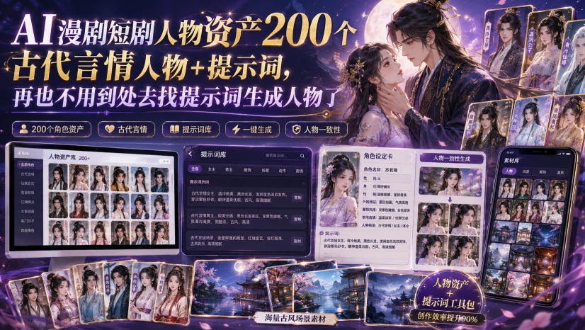 AI漫剧短剧人物资产200个古代言情人物+提示词,再也不用到处去找提示词生成人物了-我爱项目网