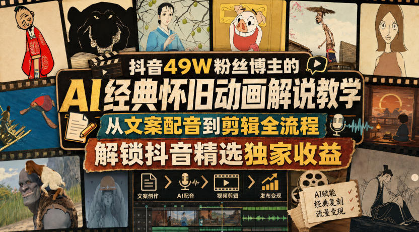 抖音49W粉丝博主的AI经典怀旧动画解说教学，从文案配音到剪辑全流程，解锁抖音精选独家收益-我爱项目网