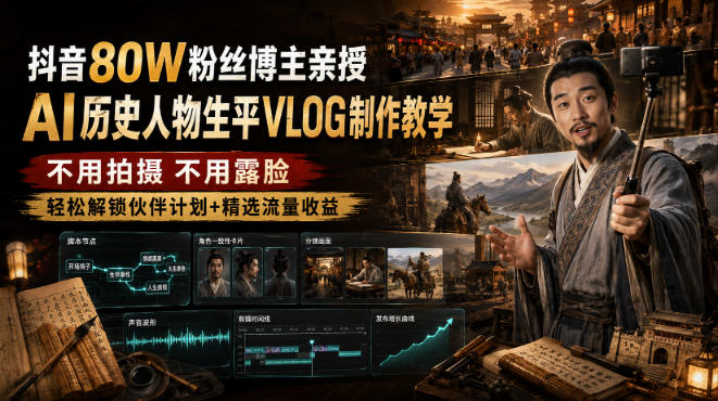 抖音80W粉丝博主的AI历史人物生平VLOG教学，不用拍摄不用露脸，AI帮你搞定，轻松解锁伙伴计划+精选收益-我爱项目网