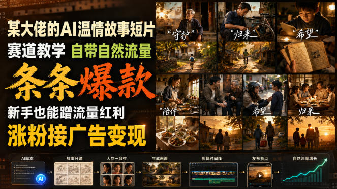 某大佬的AI温情故事短片赛道教学，自带自然流量，条条爆款，新手也能蹭流量红利，涨粉接广告变现-我爱项目网
