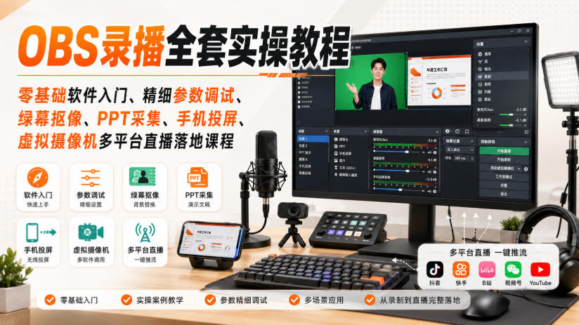 OBS录播全套实操教程|零基础软件入门、精细参数调试、绿幕抠像、手机投屏、虚拟摄像机多平台直播落地课程-我爱项目网