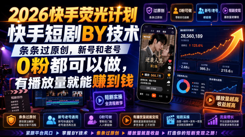 2026快手荧光计划，快手短剧搬运技术，条条过原创，新号和老号0粉都可以做，有播放量就能賺到钱-我爱项目网