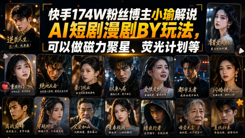 快手174W粉丝博主小瑜解说AI短剧漫剧搬运玩法，可以做磁力聚星、荧光计划等-我爱项目网