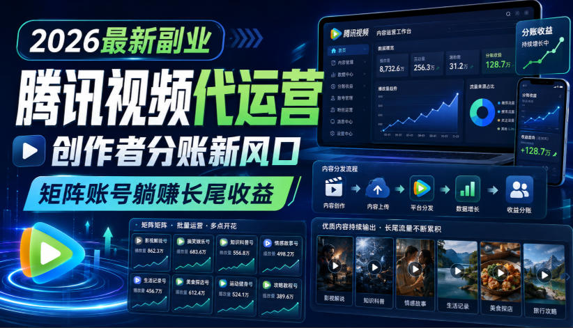 2026最新副业之腾讯视频代运营：创作者分账新风口，矩阵账号躺賺长尾收益【揭秘】-我爱项目网