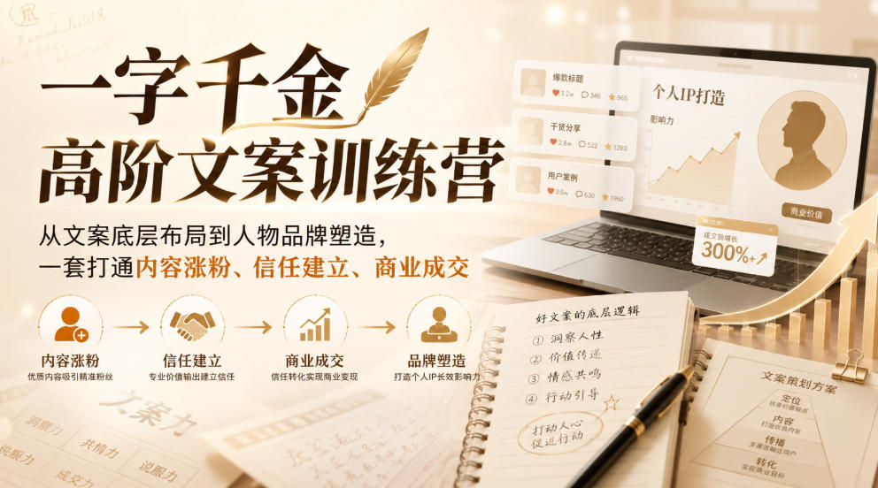 一字千金高阶文案训练营，从文案底层布局到人物品牌塑造，一套打通内容涨粉、信任建立、商业成交-我爱项目网