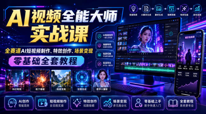 AI视频全能大师实战课|全赛道AI短视频制作、特效创作、场景变现零基础全套教程-我爱项目网