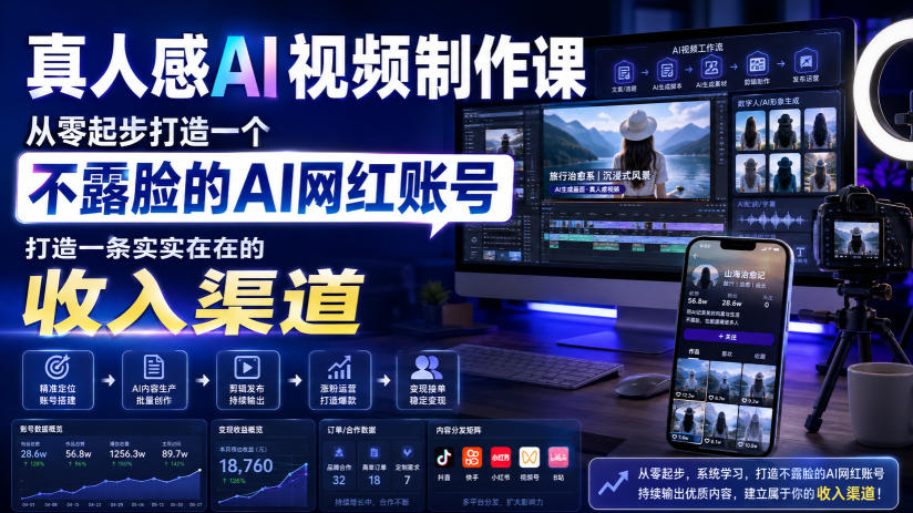 真人感AI视频制作课，从零起步打造一个不露脸的AI网红账号，打造一条实实在在的收入渠道【原创双语字幕】-我爱项目网