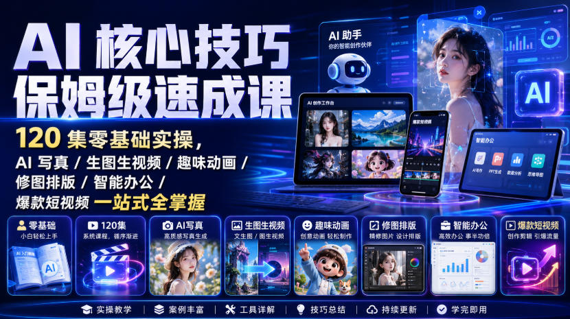 AI核心技巧保姆级速成课｜120集零基础实操，AI写真/生图生视频/趣味动画/修图排版/智能办公/爆款短视频一站式全掌握-我爱项目网