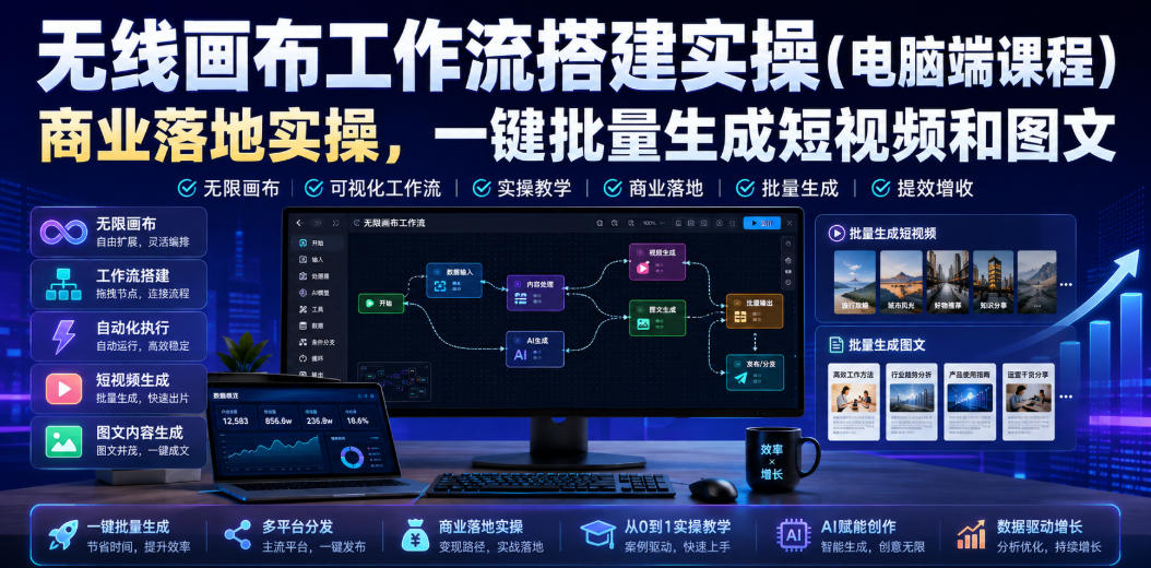 无线画布工作流搭建实操（电脑端课程），商业落地实操，一键批量生成短视频和图文-我爱项目网