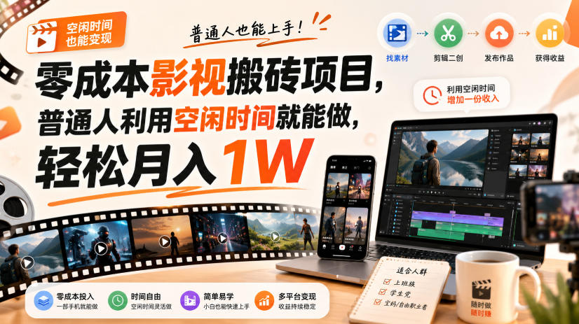 零成本影视搬砖项目，普通人利用空闲时间就能做，轻松月入1W【揭秘】-我爱项目网