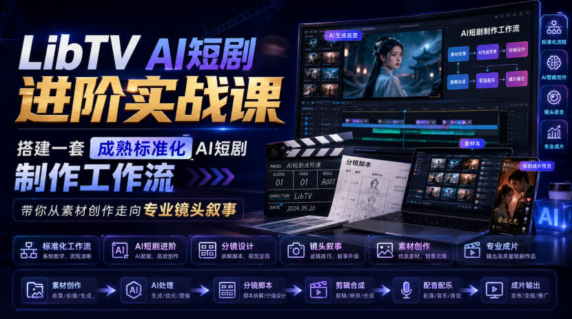LibTV AI短剧进阶实战课，搭建一套成熟标准化AI短剧制作工作流，带你从素材创作走向专业镜头叙事-我爱项目网