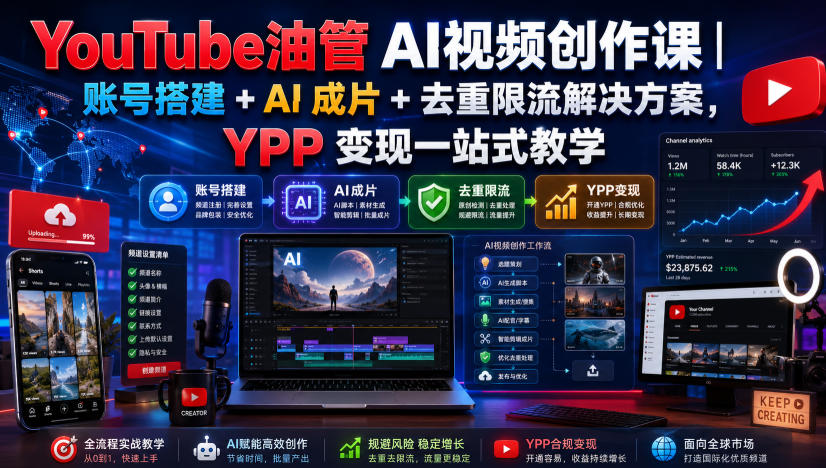 YouTube油管AI视频创作课｜账号搭建+AI成片+去重限流解决方案，YPP变现一站式教学-我爱项目网