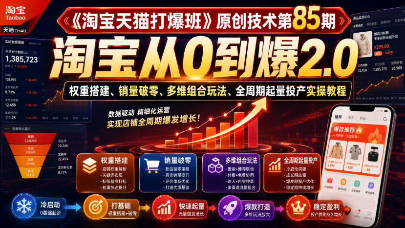 《淘宝天猫打爆班》原创技术第85期，淘宝从0到爆2.0，权重搭建、销量破零、多维组合玩法、全周期起量投产实操教程-我爱项目网