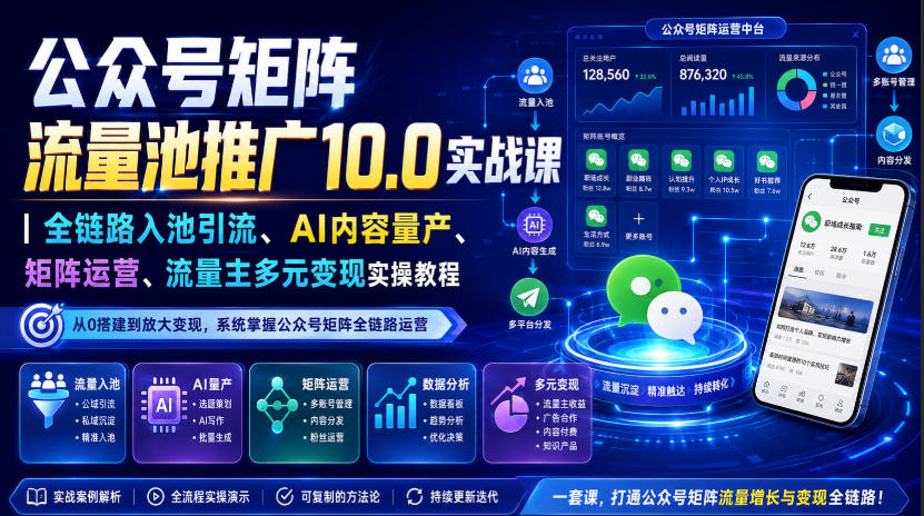 公众号矩阵流量池推广10.0实战课｜全链路入池引流、AI内容量产、矩阵运营、流量主多元变现实操教程-我爱项目网
